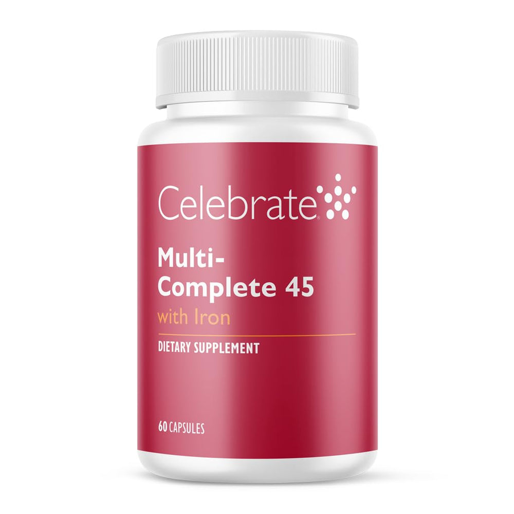 Celebrate Vitamins Multi-Complete bottle with iron supports daily bariatric nutrition.