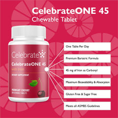 CelebrateONE 45 chewables tablets closeup highlighting iron-rich support for energy after surgery.