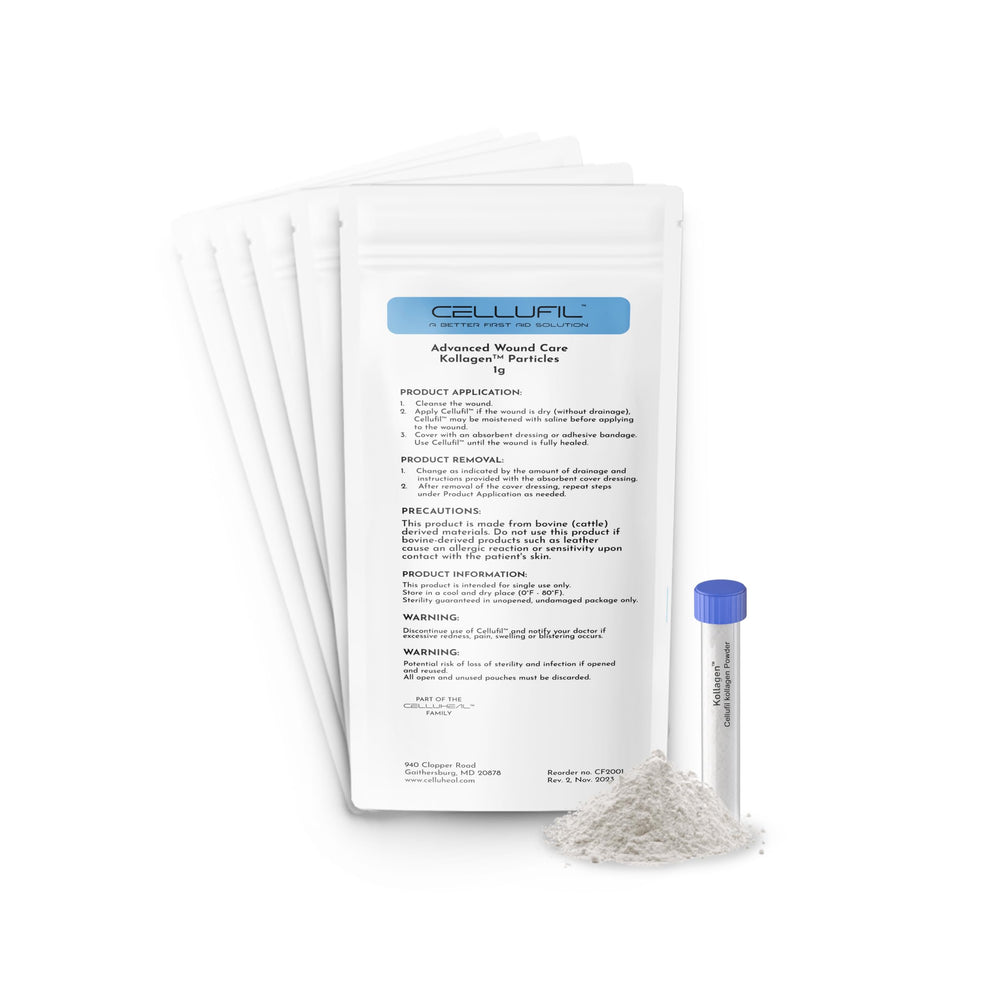 Celluheal Cellufil collagen powder visual highlights easy, bioavailable wound care application.