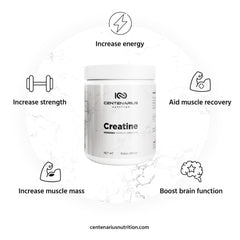 Centenarius Nutrition Creapure Creatine Monohydrate powder container, optimized for fast absorption during workouts.