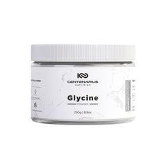 Centenarius Nutrition Premium Glycine Powder 250g bottle shows clean packaging and post-workout recovery potential.