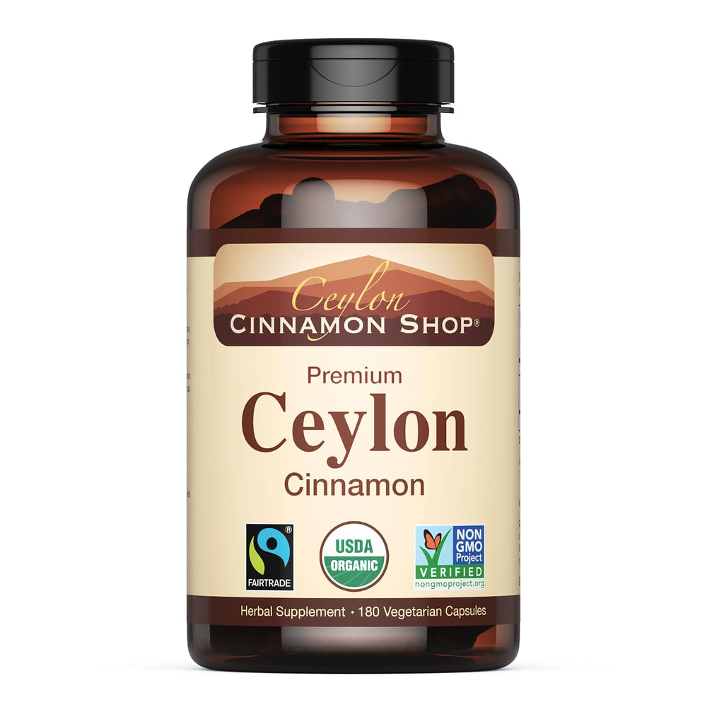 Ceylon Cinnamon Shop organic cinnamon bottle label highlights certified authentic Ceylon cinnamon.