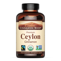 Ceylon Cinnamon Shop organic cinnamon bottle label highlights certified authentic Ceylon cinnamon.