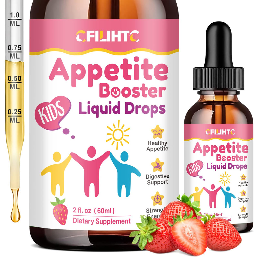 CFILIHTC liquid appetite booster for kids bottle shows clear labeling and nutrients.