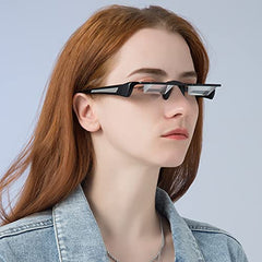CHANGAR Prism Glasses demonstrate 90-degree vision for lying-down viewing of pages and screens.