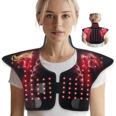 Charmpilot red light therapy pad worn on neck and shoulders for soothing warmth.