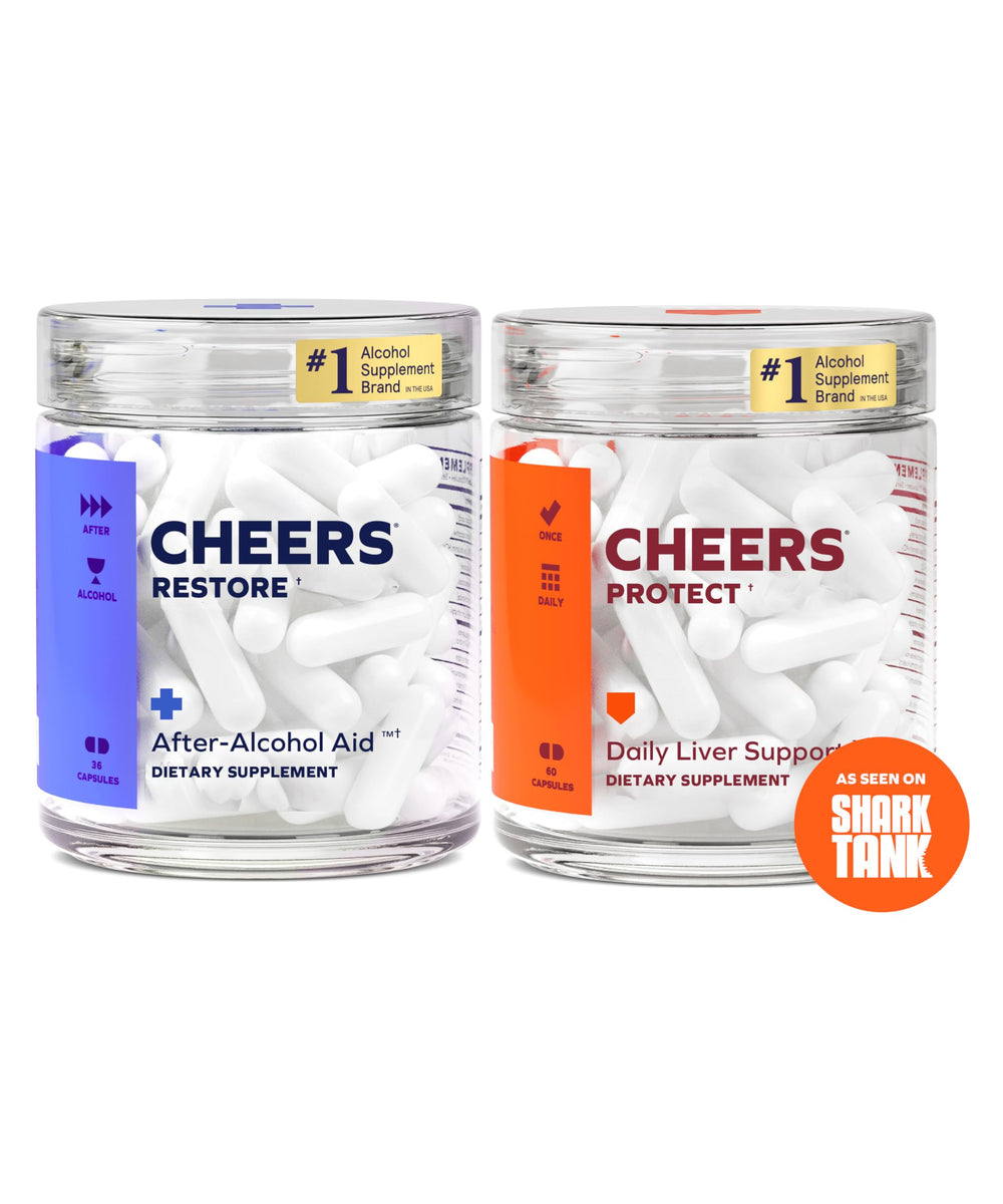 Cheers Liver Combo Restore bottle pouring capsules for post-drink support