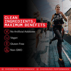 Close-up of fresh tart cherries beside the Cheribundi bottle.