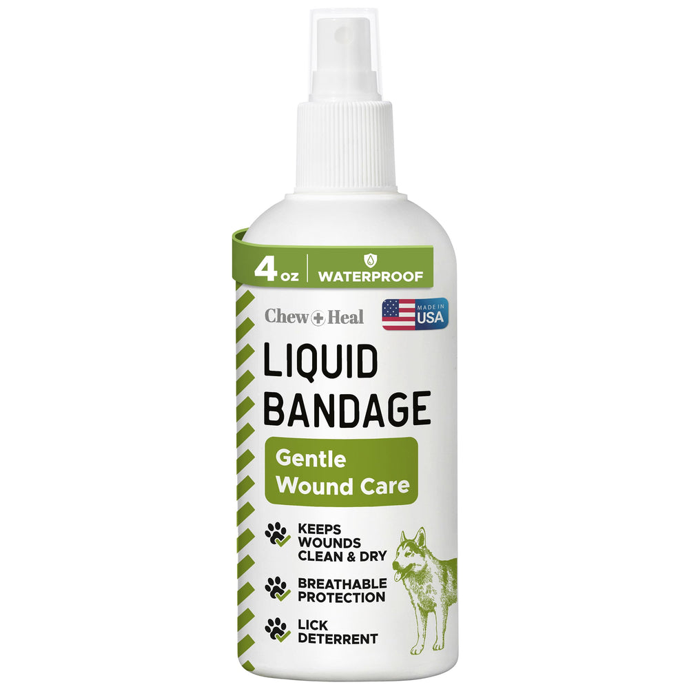 Chew + Heal Labs pet liquid bandage spray for dogs with aloe provides breathable protection.