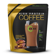 CHIKE chocolate caramel iced coffee bottle highlighting 20 g protein for steady morning energy.
