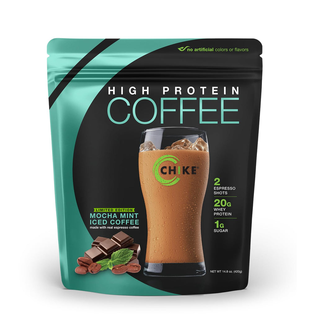 CHIKE Mocha Mint Iced Coffee bottle front shows 20 g protein boost for mornings.