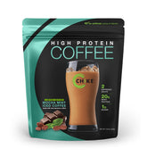 CHIKE Mocha Mint Iced Coffee bottle front shows 20 g protein boost for mornings.