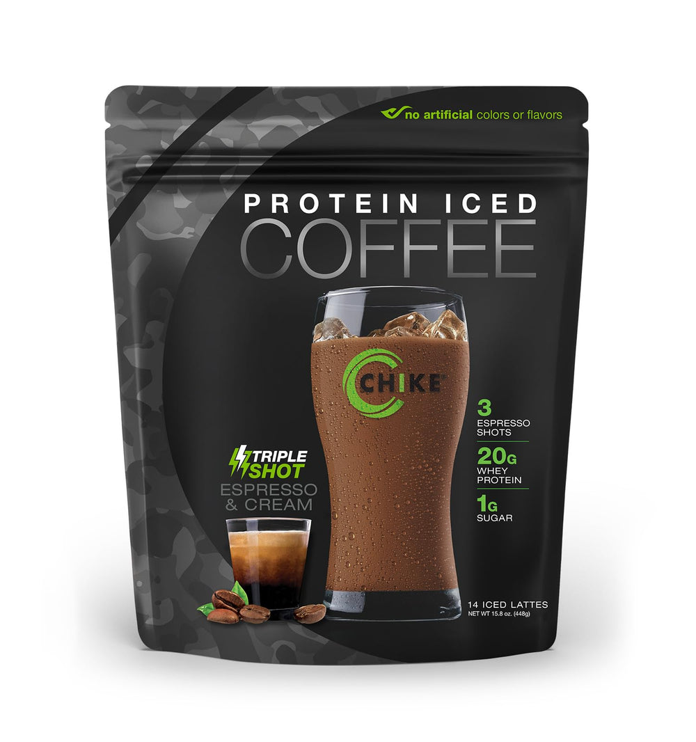 CHIKE Triple Shot Espresso & Cream bottle showing ready-to-drink energy with protein