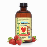 ChildLife Essentials cod liver oil kids bottle highlights pure Arctic omega-3 for brain support.