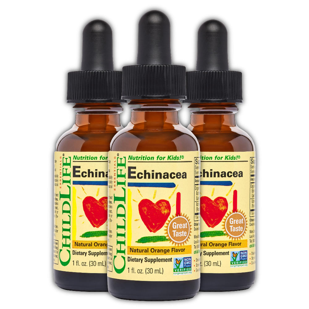 ChildLife Essentials Echinacea Kids bottle label shows natural immune support for children.