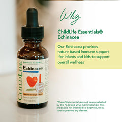 Dropper dispensing ChildLife Essentials Echinacea Kids drops enables easy dosing.
