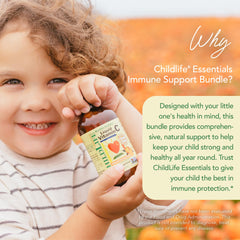 ChildLife Essentials Immune Support 4-Pack label highlights vitamin D3 and C for kids.