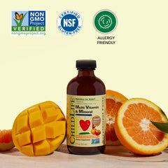 ChildLife Essentials Kids Multivitamin gluten-free badge confirms safety features.