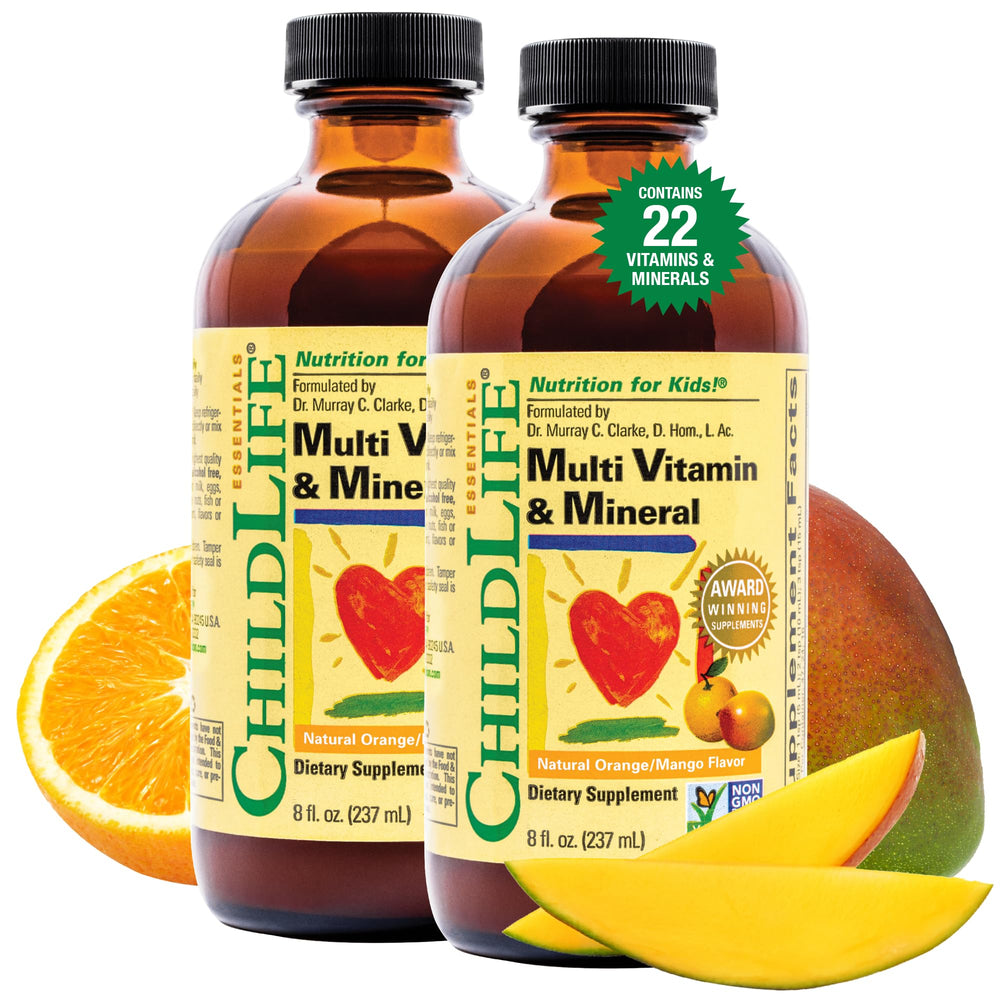 ChildLife Essentials Kids Multivitamin orange mango bottle offers convenient daily nourishment.