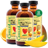 CHILDLIFE Essentials Kids Multivitamin orange mango bottle supports daily growth nutrition.