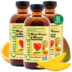CHILDLIFE Essentials Kids Multivitamin orange mango bottle supports daily growth nutrition.