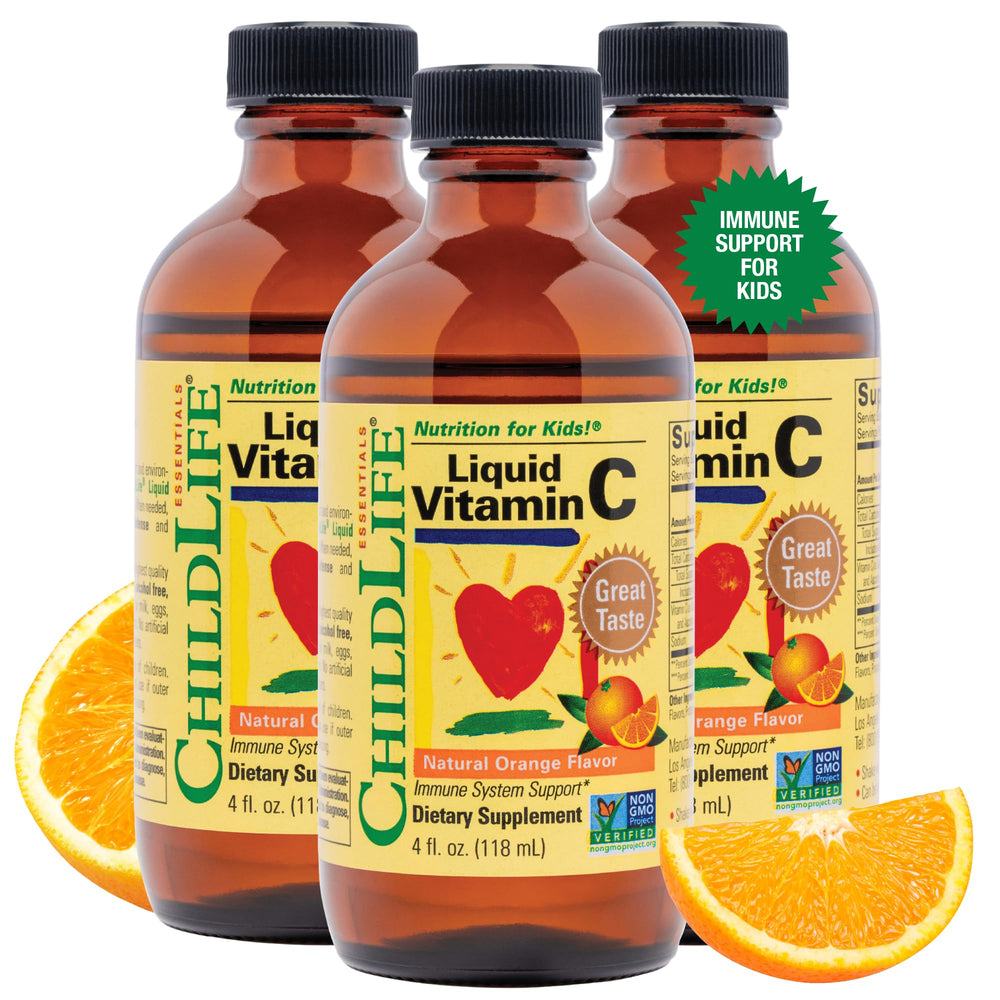 CHILDLIFE ESSENTIALS Liquid Vitamin C bottle front with natural orange flavor.