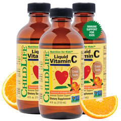 CHILDLIFE ESSENTIALS Liquid Vitamin C bottle front with natural orange flavor.