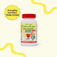 CHILDLIFE ESSENTIALS multivitamin gummies kid-enjoying image emphasizes easy daily intake