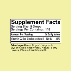 CHILDLIFE ESSENTIALS D3 dropper with 500 IU per serving.
