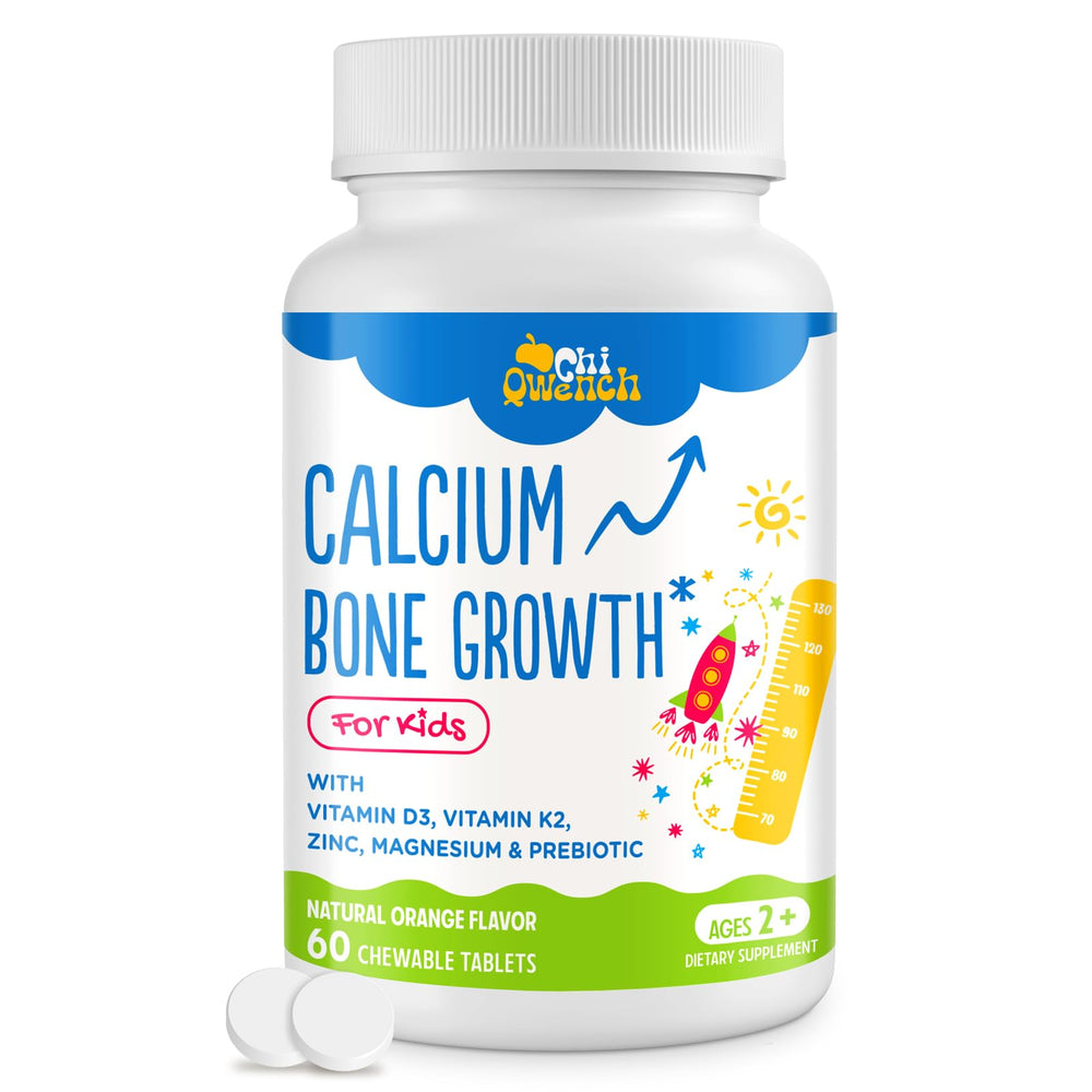 ChiQwench calcium orange chew bottle showing kid-friendly bone support.