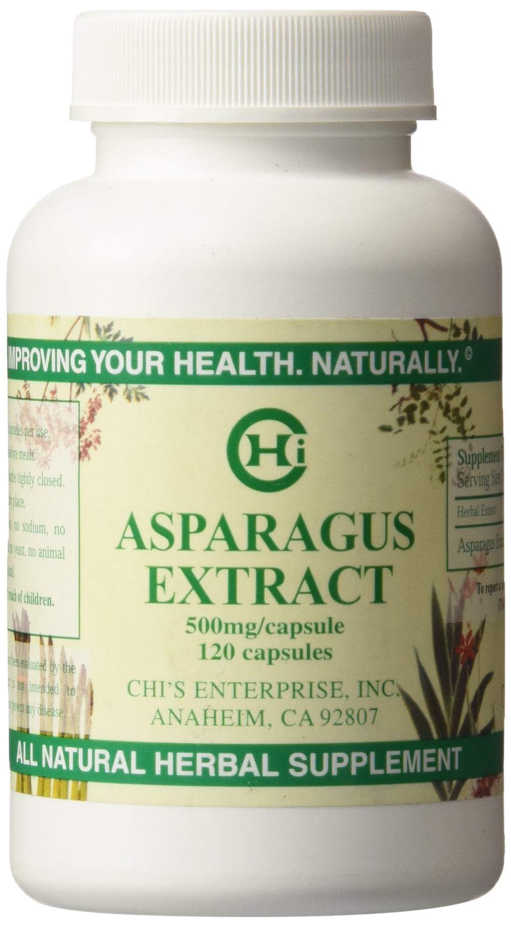 Chi's Enterprise asparagus extract bottle with 120 capsules for daily wellness.