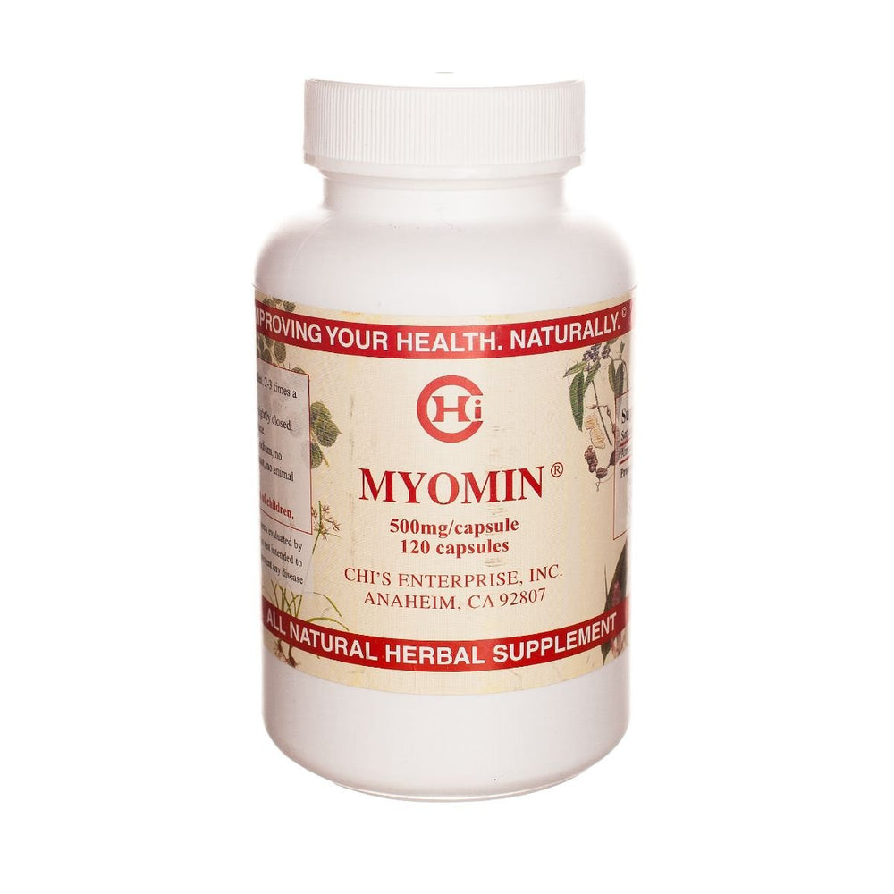 Chi's Enterprise Myomin 120-cap bottle shown for convenient daily herbal wellness.