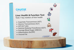 Choose Health liver test kit box with at-home use instructions.