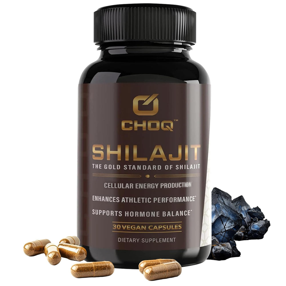 CHOQ Shilajit bottle label highlighting high fulvic acid content for energy