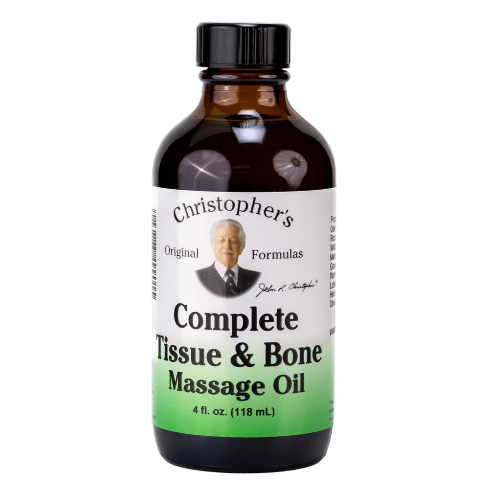 Christopher’s Complete Tissue & Bone Massage Oil bottle pour for easy application and soothing skin care.