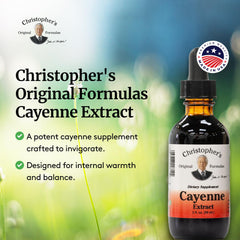 Label detail on Christopher's Original Formulas Cayenne Extract emphasizes natural ingredients