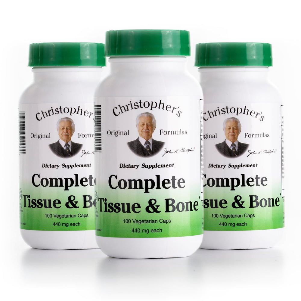 Christopher's Original Formulas Complete Tissue & Bone Formula bottle with vegan capsules for bone support.