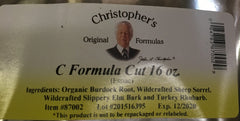 Close-up of the Essiac-C formula label emphasizing herbal blend for immune support and detox themes.