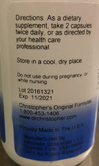 Label detail of Dr Christopher's formula with ingredients list for careful selection