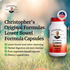 Christopher's Lower Bowel Formula 100 Vcaps label detail showing natural herbal blend