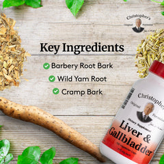 Christopher's Liver & Gallbladder Formula herbal blend shown with key botanicals for natural support.