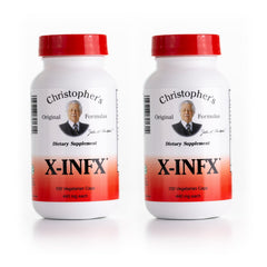 Christopher's Original Formulas X-INFX bottle pour showing herbal blend for daily support.