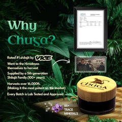 Chuga Shilajit resin on rocks highlights Himalayan source