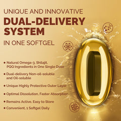 Ciaceae ubiquinol CoQ10 softgel label view highlights omega-3 and shilajit infused formula.