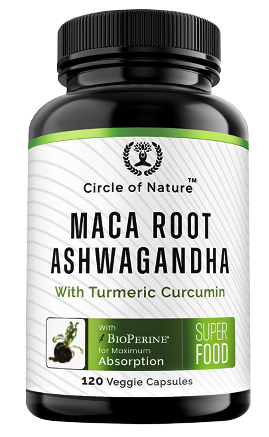 Circle of Nature maca-ashwagandha bottle showcasing energy and balance in daily use.
