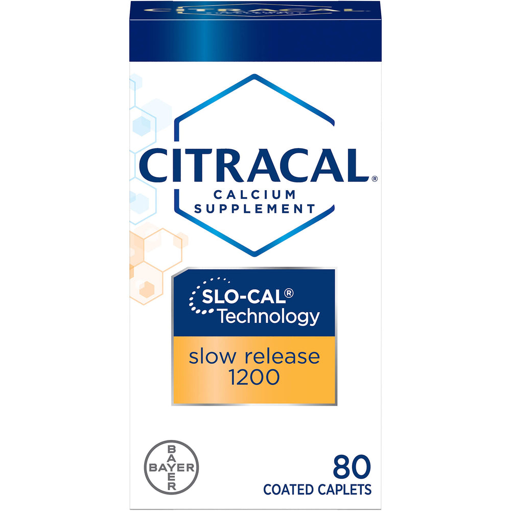Citracal bottle front showing slow-release calcium and vitamin D tablets for daily support