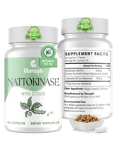 Clarusph Nattokinase-CoQ10 bottle front highlights high potency for daily circulation support.