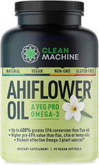 CLEAN MACHINE Ahiflower omega bottle front showing award-winning vegan omega source.