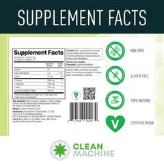 Clean Machine vegan-certified-bcaas label confirms plant-sourced amino acids.