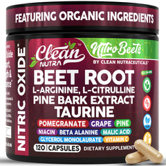 Clean Nutra Beet Root Capsules bottle showing vegan nitric oxide support for workouts.